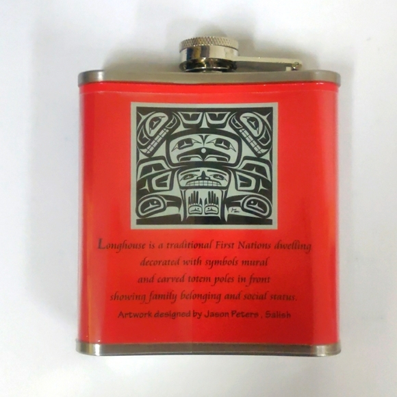 Longhouse Indigenous design by Jason Peters Hip Flask 6oz Stainless Steel - Picture 2 of 6